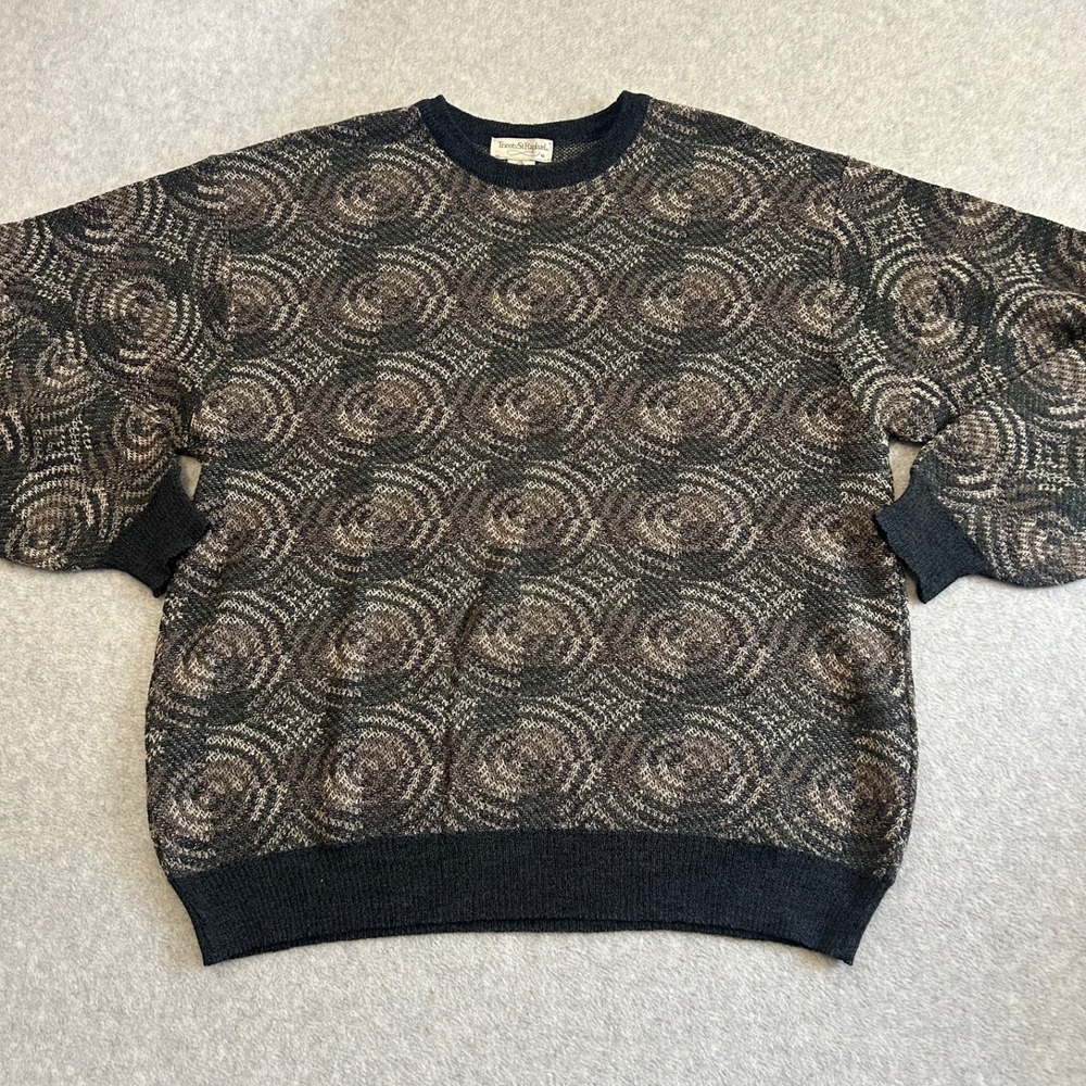 Tricots St Raphael Sweater Mens XL Gray Merino Wool Swirl Vintage Geometric